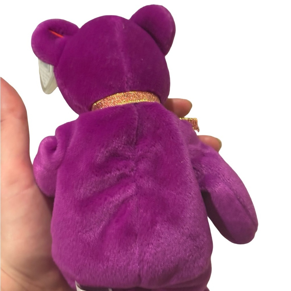 1999 TY Beanie Baby Millennium purple bear gold ribbon Earth/“2000” chest patch - Picture 9 of 11